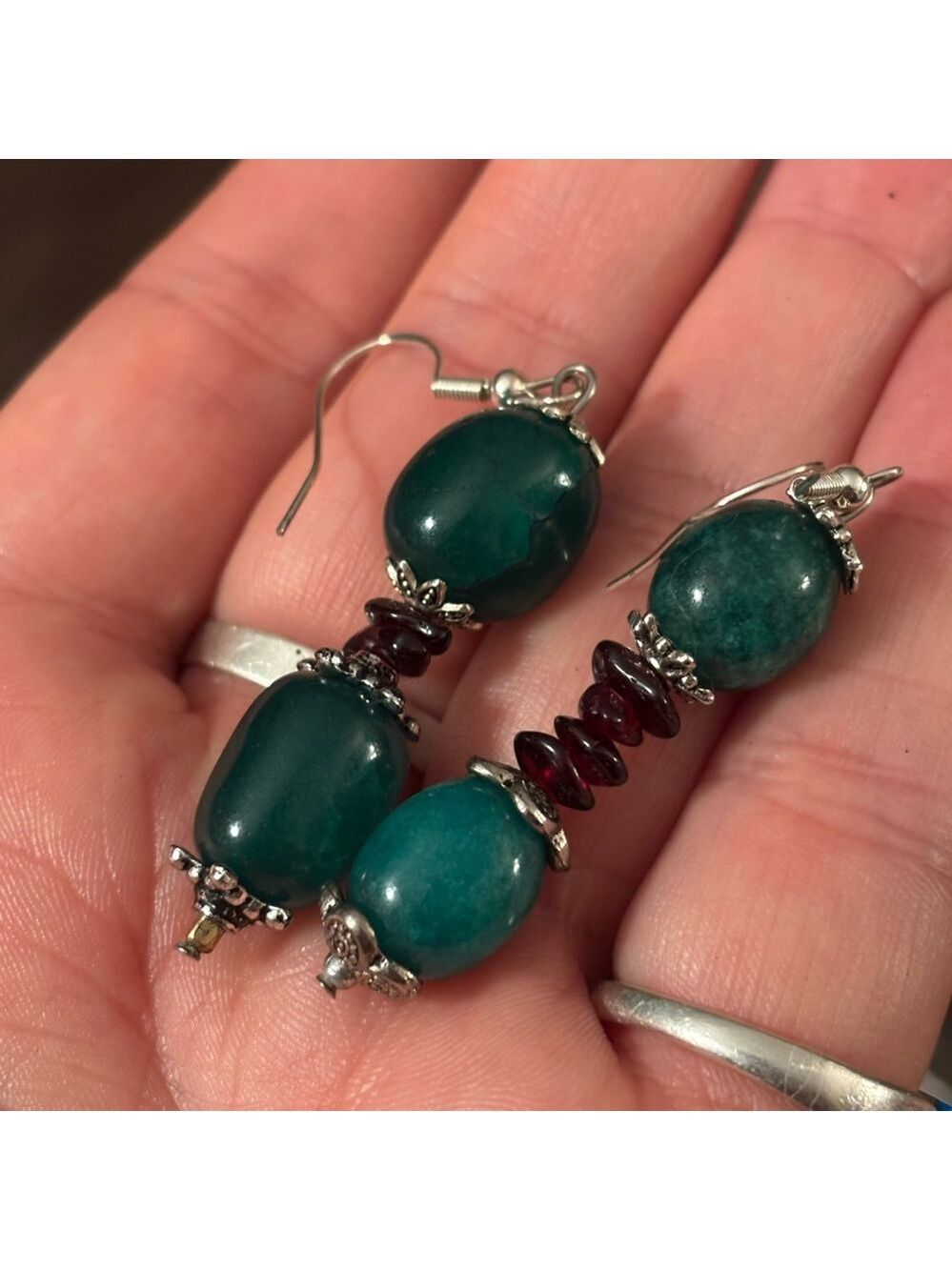 NWT Artisan Emerald & Garnet Dangle Earrings • In Bloom Collection • 925 Hooks - Picture 1 of 10